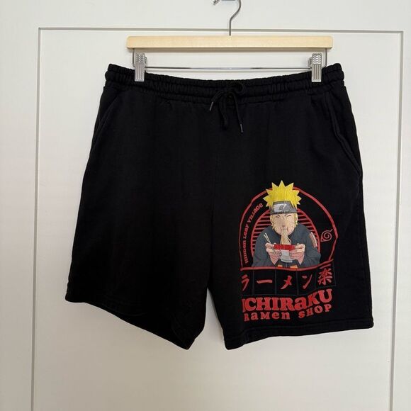 Naruto Shippuden Ichiraku Ramen Shop Fleece Sweat Shorts Mens Size L Black Anime - Picture 1 of 8